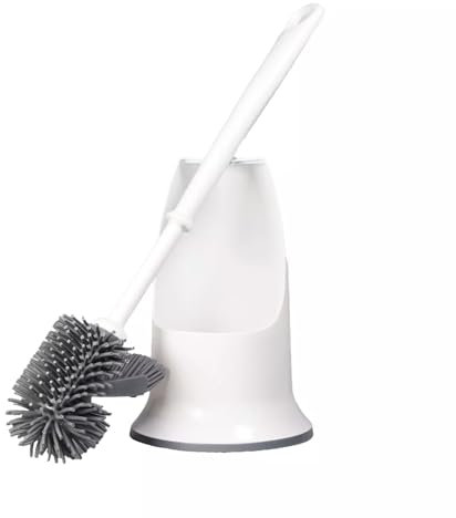 White & Grey Silicone Toilet Brush & Holder – Long Handled Flexible Bristle Lightweight Hygienic Bathroom Loo Cleaner Tool with Rounded Main Head for Bowl & Angled Head for Under Rim