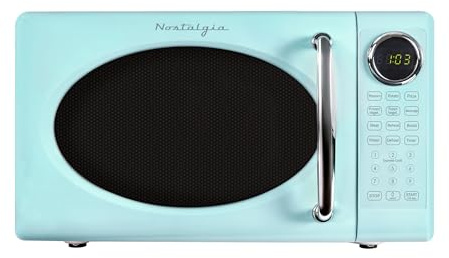 Nostalgia Retro Microwave Oven - 0.7 Cu Ft, 700-Watt Countertop Size with Glass Turntable, Child Safety Lock, 8 Auto-Cook Programs, Digital Clock - Aqua