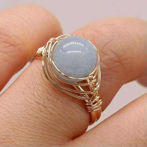 10 stücke Natürliche Aquamarin Stein Handgemachte Gold Farbe Wrap Ball Heilen Ring