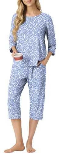 PrinStory Damen Pyjama Set Rundhalsausschnitt 3/4 Ärmel Nachtwäsche Loungewear Set Mit Taschen