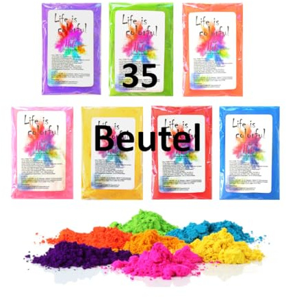 h2i Holi Pulver | 35 Beutel x 100 g | 3.500 g | 7 Farben | Holi Color Powder - 35 Farbbeutel mit leuchtenden Farben zum Werfen | für Festivals Fotoshooting Baby-Shower Party-Foto Fun & Action