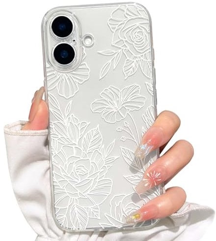NITITOP Compatible with iPhone 16 Case Cute Clear White Flower Floral Line Design for Women Girls Transparent Full Camera Slim Soft TPU Shockproof Protective Phone Cover - White
