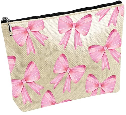 CREATCABIN Trousse Maquillage Toile avec Nœud Papillon Trousse Maquillage Multifonction Pochette Zippée Trousse Toilette Rose Sac Rangement Voyage Sac à Main Organisateur Rangement Portable 25x18cm