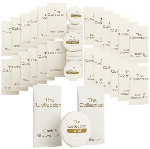 Travel Size Toiletries, Miniature Hotel Toiletries | 12x10ml Shower Gel, 12x10ml Shampoo Sachets, 12x15g Tissue Pleated soap Bulk Pack | Ideal for Hotels, Holiday Lets, Travel Sachets