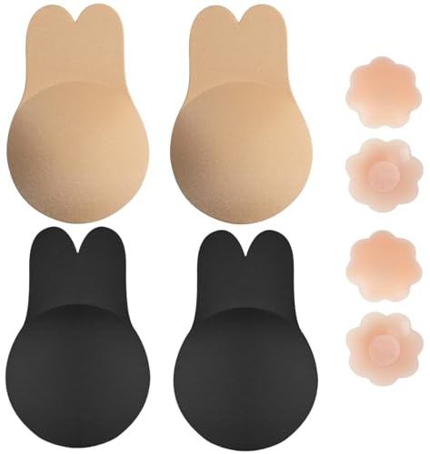 Stick On Strapless Rabbit Bra Sticky Invisible Lifting Bras Cups Backless Nipple Cover Reusable Adhesive Silicone Invisible Push-Up Bra Set for Women's (UK, Alpha, M, Regular, Regular, Beige)