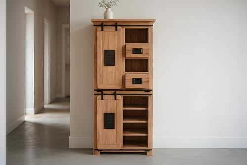 SAM Highboard Libro IV 80x45x175 cm, Akazie Natur, Hochschrank | mit 2 Holzschiebetüren, 2 Schubladen & 10 offenen Fächern, Griffe & Reling aus Eisen, Akazienholz naturfarben & massiv