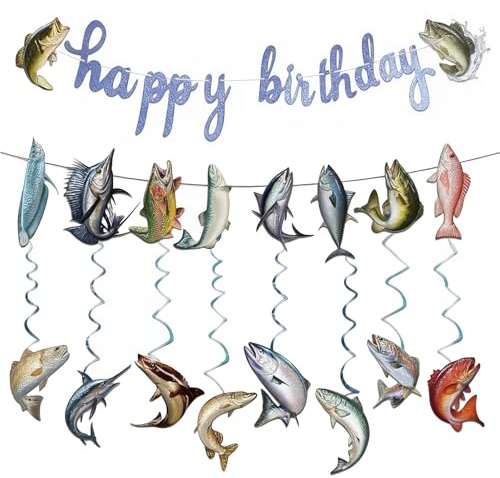 TMZELOA Angeln Geburtstag Deko Banner Set – 1x Happy Birthday Banner, 1x Fisch Banner, 8x Hängende Fischkarten, Fisch Deko Blau aus Papier für Kindergeburtstag, Jungen Angel Motto Party, Wanddeko