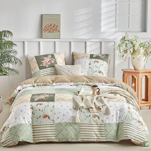 Tokokimo Bettwäsche 220x240 3teilig - Patchwork Blumenmuster Bohemi - Mikrofaser Bettbezug 220x240 für Doppelbetten mit 2 Kopfkissenbezüge mit Reißverschluss 80x80, Grün
