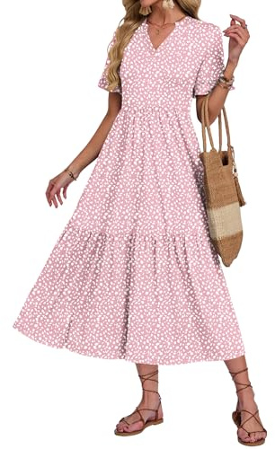 AUSELILY Robe Ete Femme Longue Col V Manches Courtes | Robe Plage Longue Col V Manches Courtes Volantées Taille Empire Étagée Fluide Chic Décontractée Été avec Poches Latérales
