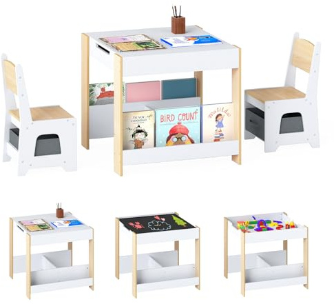 COSTWAY Kindertisch mit 2 Stühlen, 3 teilige Kindersitzgruppe aus Holz mit wendbarer Tischplatte, Bücherregalen & Aufbewahrungsboxen, 4 in 1 Kinder Maltisch mit Stauraum für ab 3 Jahren (Natur+Weiß)