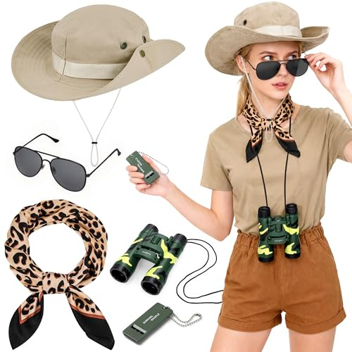 Kkluno 5 Stück Safari Kostüm Damen Herren - Safari Kleidung Mit Safari Hut Fernglas Sonnenbrille Teleskop Halstuch Lebensrettende Pfeife Für Frauen Halloween, Cosplay Karneval