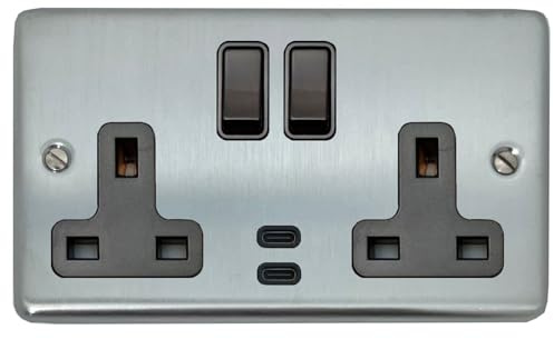 G&H CSC913B Standard Plate Satin Chrome 2 Gang Double 13A Plug Socket Dual 4.2A USB C