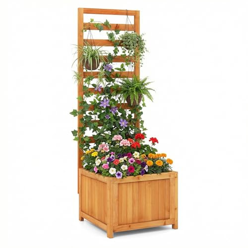 GOPLUS Blumenkasten mit Rankgitter, 123 cm Gartenbeet mit vertikalem Gitter, Abflussloch & tiefem Pflanzkasten, Hochbeet für Kletterpflanzen & Blumen, Blumenkübel Holz für Garten & Balkon (Orange)