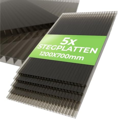 5X Hohlkammerplatten 6mm Polycarbonat 1200x700 mm – Doppelstegplatten Gewächshausplatten, Rauchgrau, UV-beständig, zuschneidbar - PoliGreen®