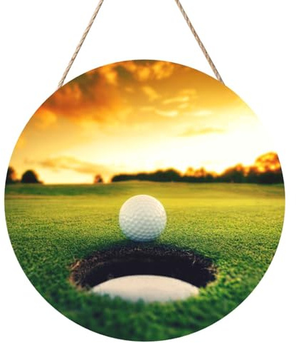 Sport Golf Ball Sunset Tree 12 Inch Round Wood Sign Wall Decor, Rustic Wooden Hanging Door Sign with Rope for Home Farmhouse