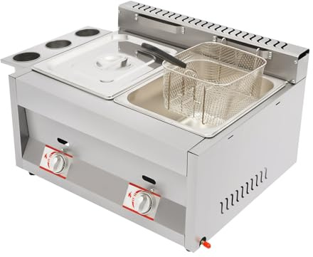 Commercial LPG Deep Fryers, 2 x 6 L Countertop Gas Deep Fryer, Stainless Steel LPG Gas Deep Fat Fryer with 2 Filter Baskets, 3 Seasoning Cups and Lid for Chicken, Chips, Home, Kitchen