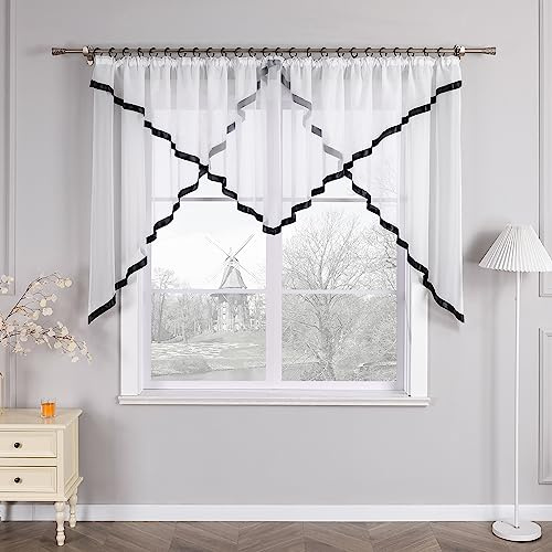 HongYa Voile Gardine als Kuvertstore mit Kräuselband und Satinbändern | Schwarz, H/B 145/450 cm, transparent, lichtdurchlässig, für Wohn- und Schlafzimmer, dekorative Bogenform mit Satinbändern