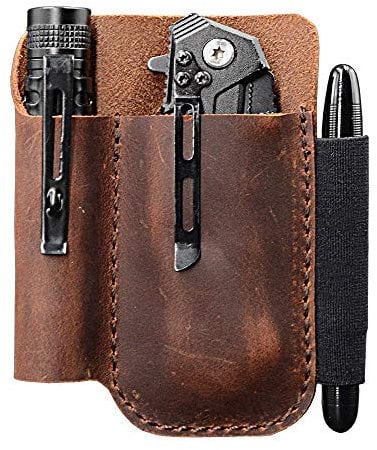 EDC Leather Pocket Pouch, Knife Organizer Pouch, Pocket Slip, EDC Carrier, with Pen Loop, Everyday Carry Organizers, Full Grain Leather. Chestnut.