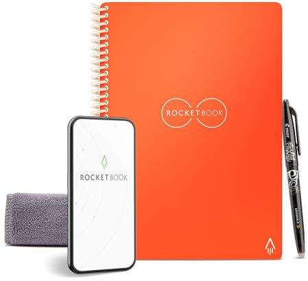 Rocketbook Core Wiederverwendbares Digitales Notizbuch - Executive A5 Orange - Elektronischer Notizblock mit Punktraster - Wiederbeschreibbar mit inkl. Pilot Frixion Stift und Mikrofasertuch