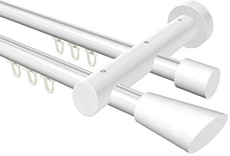 Flairdeco Innenlauf-Gardinenstange 20 mm Ø, 2-läufig, Typ Konus, Alu/Holz, Weiß, 100 cm