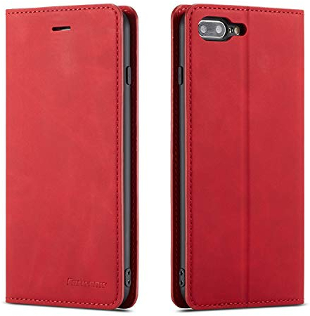 EYZUTAK Hülle für iPhone 7 Plus iPhone 8 Plus, Magnetverschluss Premium PU Leder Flip Case mit Kartenfächern Brieftasche Standfuntion stoßfeste Silikonhülle Retro Ledertasche - Rot