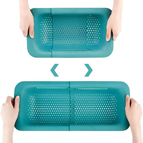Collapsible Colander Kitchen Extendable Strainer Fruits Vegetables Noodle Pasta Food Drain Basket Space-Saver Portable Drainer Over Sink (Green)