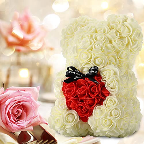 Hand-Made Rose Teddy Bear - Best Artificial Decoration Gift for Women, Girls & Mom - Unique Party Gift Box (Milk White)