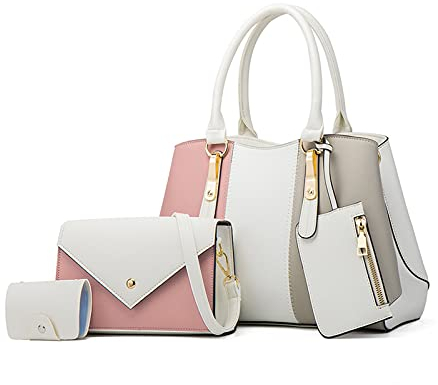 NICOLE & DORIS Sacs Portés Main de 4 pièces Sac a Main Femme +Sac Bandoulière Mode+Portefeuille en Main+Porte Cartes Mignon Sac D'epaule Contrasté Blanc