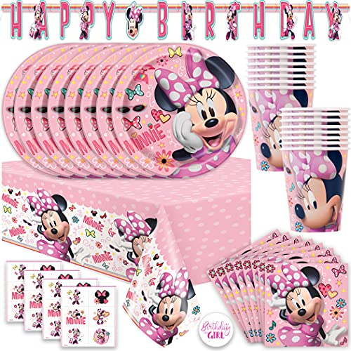 Forniture e decorazioni per feste di compleanno di Minnie Mouse, forniture per feste di Minnie, serve 16 ospiti con banner, tovagliolo, piatti, tovaglioli e altro ancora