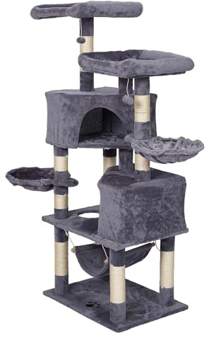Wiltec Kratzbaum Hellgrau mit Pfotenmotiv 145 cm, Katzenkratzbaum mit Plattformen und Katzenhäuser, Katzenbaum mit Hängematte, Kletterbaum für Katzen