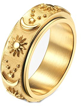 Mesnt Ring Vergoldet Damen, Drehbarer Sonne-Mond-Stern-Fidget-Ring Gold Größe 62 (19.7)