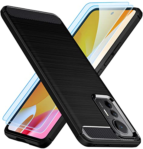 TesRank Xiaomi 12 Lite 5G & 4G Hülle + 2 Stück Schutzfolie 9H Schutzglas, 6.55 Weiche kohlefaser Handyhülle [Shock Absorption] Kratzfest Schutzhülle Case für Xiaomi 12 Lite 5G & 4G-Schwarz