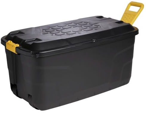 Pluto Packaging Strong Black XL Capacity 110 & 145 Litres Indoor Outdoor Heavy Duty Storage Trunk With Wheels & Handles (110 Litre, 1 x Storage Trunk Box)