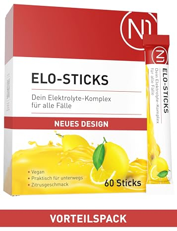 N1 Elo Sticks - Polvo electrolítico (60 palitos (MHD 08/25) – Polvo electrolítico con sabor cítrico – Palillos electrolíticos para una hidratación rápida y equilibrio de minerales con sales, azúcares