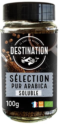 Destination - Café Soluble Arábica BIO - Café Soluble Granulado y Liofilizado de Tueste Natural - Procedente de Cultivo Ecológico - Sabor Potente y Generoso - Propiedades Energizantes - 100 g