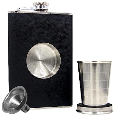 CNFLASK Petaca de acero inoxidable de 8 onzas con vaso plegable integrado (negro)