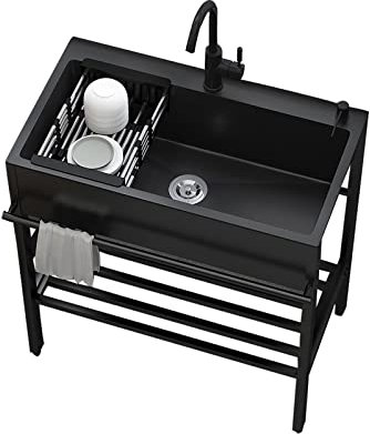 Lavello Cucina Nero Con 1 Vasca, Lavandino Autoportante Commerciale, Lavello Da Esterno, Lavandino In Acciaio Inox Con Scolapiatti, Con Rubinetto, Lavatoio Da Giardino Campeggio ( Size : 100*45cm , Co