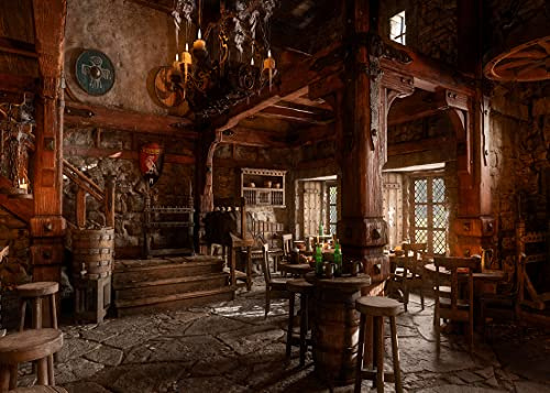 BELECO 3.5x2.5m Stoffhintergrund „Mittelalterliche Taverne, Gasthaus, Bar“ für Fotografie, antike Holztische, Hocker, Fantasiehintergrund für Partydekorationen, Fotoautomaten, Studio-Requisiten