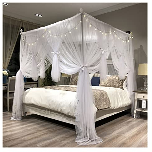 OKUOKA Betthimmel, weißer Betthimmel mit LED-Lichtern, Doppellagiges Luxus-Moskitonetz mit Stabiler Halterung, einfache Installation (Größe: 180 x 220 x 200 cm)
