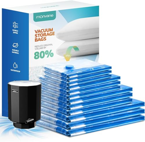 MONVANE Sac Sous Vide Vêtement Aspirateur et Pompe Électrique Sans Fil - 12pcs 3L 3M 3S 3XS, Sac Sac Économiseur d'Espace, Housse de Rangement pour Voyage et Stockage Extérieur