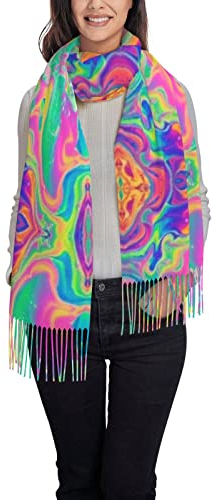 Neonfarbener, bunter Tie-Dye-Damenschal mit Quasten, großer Schal mit weichem Kaschmirgefühl, Tücher, leichte Stola, 197 x 72 cm