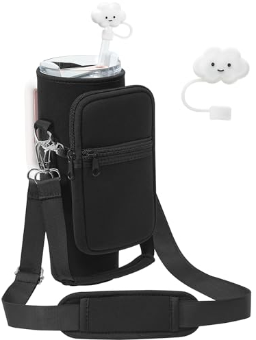 PRAGATISM Water Bottle Carrier Bag with Pouch for Stanley 30 oz Tumbler with Handle, Neoprene Water Bottle Holder Pocket with Adjustable 4.9FT Strap, Bottle Pouch for Stanley Cup Accessories