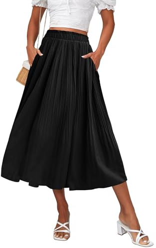 Hotouch Damen Schwarzer Midirock Sommer Chiffon Rock Elastisch Taille Maxirock mit Tasche Lässig Faltenrock Schwarz Größe S