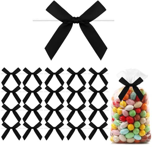 Moguri 20pcs kleine Schleifen,Mini Schleifen aus vorgebundenem Satinband,Schleifen zum Binden für Leckerli Tüten,vorgefertigte Schleifen für Geschenk DIY Keks Bonbontüten,Schwarz