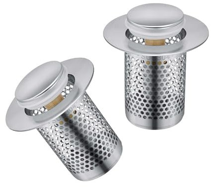 HERKINDNESS Filtre Evier 2 Pièces, Amovibles Acier Inoxydable Filtre Douche Cheveux, Filtre Lavabo avec Noyau Ressort Laiton, Filtre Cheveux Prévient Odeurs