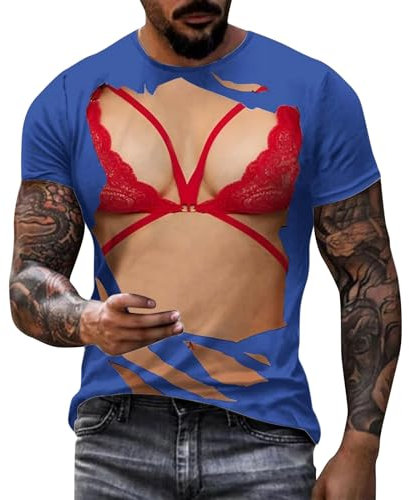 Caxndycing T-Shirt Herren 3D Muskel Tattoo Print Männer Kurzarm 3D Digitaldruck Muskelshirt Karneval Und Kostüme Sixpack Bedruckte Tshirt Outdoor Casual Atmungsaktiv Sommer Slim Tees