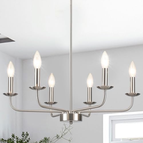 Kronleuchter Modern Wohnzimmer Hängelampe, 6 Flammig Silber Pendelleuchte Esstisch Vintage, Nickel Industrial Deckenlampe mit E14 Fassung, Nickel Hängeleuchte lampe für Küche, Esszimmer, Schlafzimmer