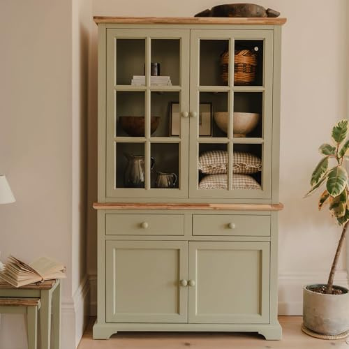 Statement Furniture Florence Display Cabinet, Sage Green Glass Top Dresser, 2 Drawers, 2 Door Cupboard, Brushed Acacia Wood Top | W120cm H200cm D42cm | Kitchen Dining Living Room Storage