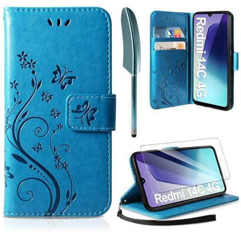 AROYI Lederhülle Kompatibel mit Xiaomi Redmi 14C 4G/ Poco C75 4G Hülle und Schutzfolie, Flip Wallet Handyhülle PU Leder Case Schutzhülle Kompatibel mit Xiaomi Redmi 14C 4G Blau