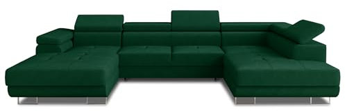 Wohnlandschaft Caris U mit Schlaffunktion und einstellbare Kopfstützen, Ecksofa mit Zwei Bettkästen, Couch, Sofa, Bettsofa (Grün (Kronos 19), Ecksofa Links)
